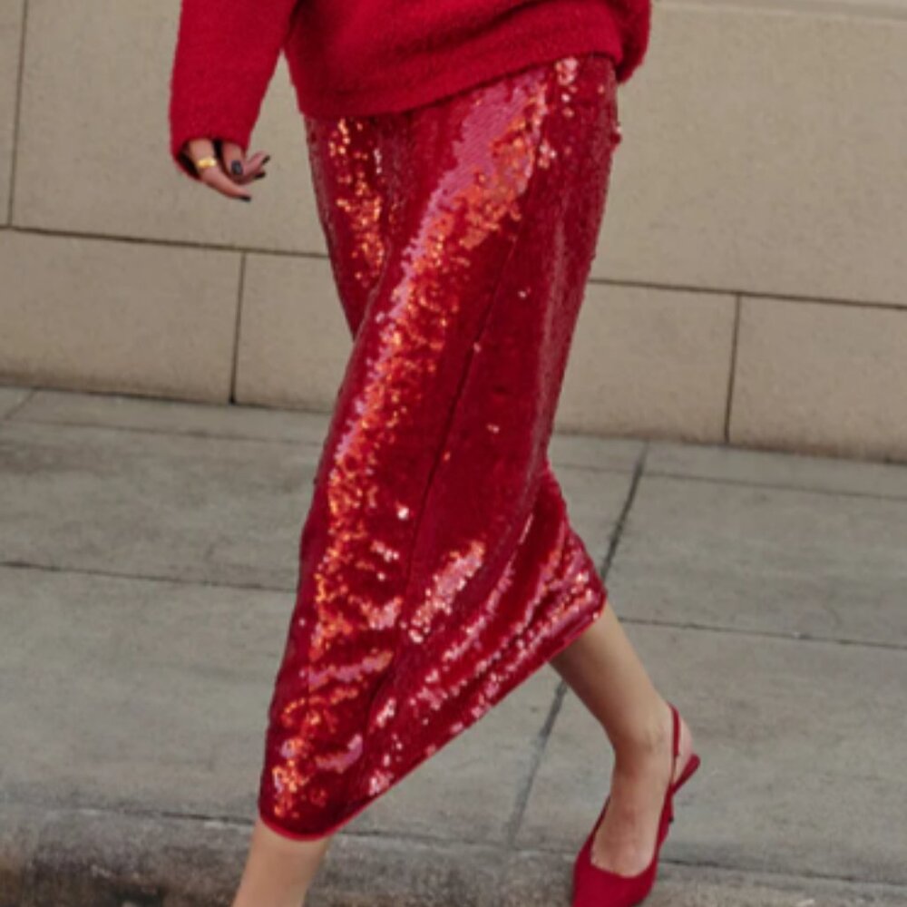 NWT_ COMMENSE Elegant Plain Sequins Skirt